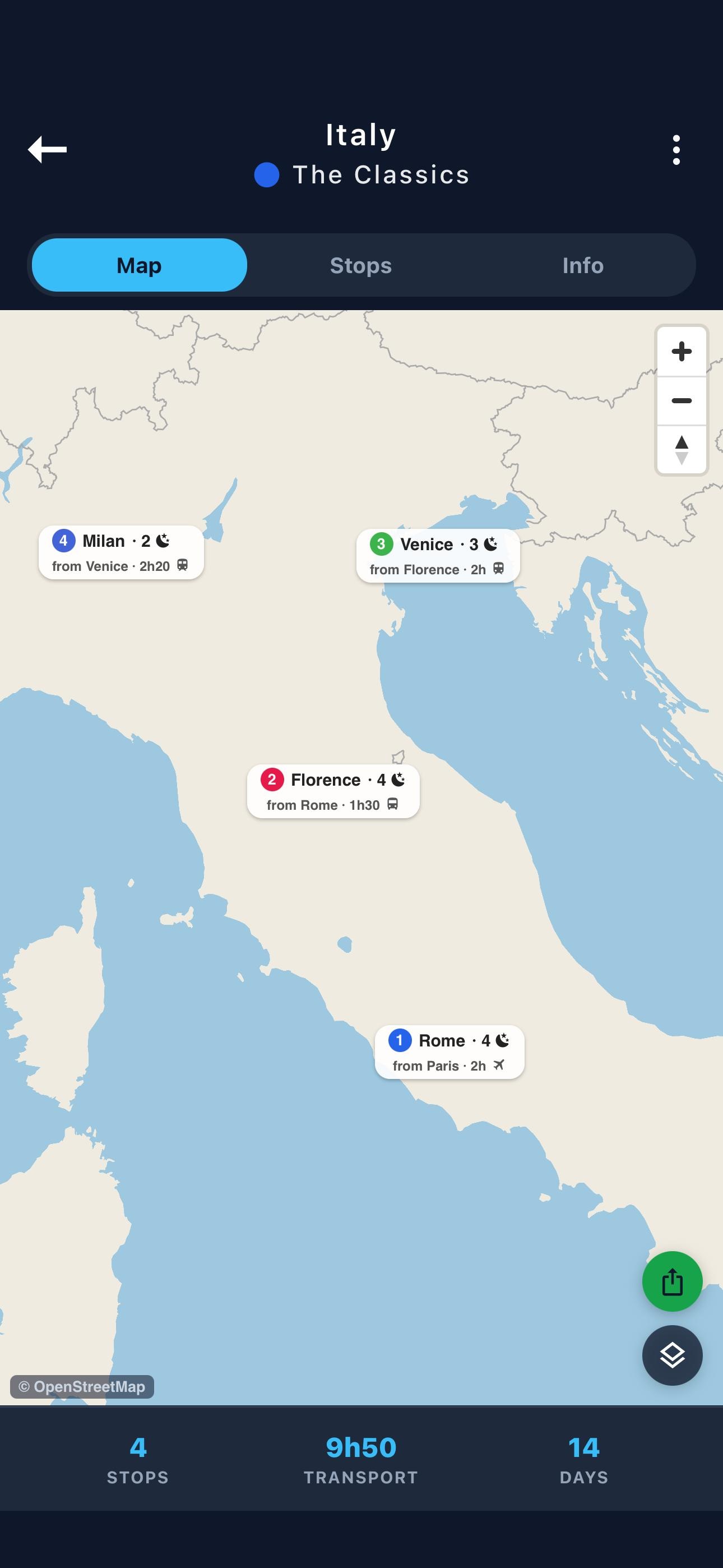 Trip Paths – interactive map view of an itinerary
