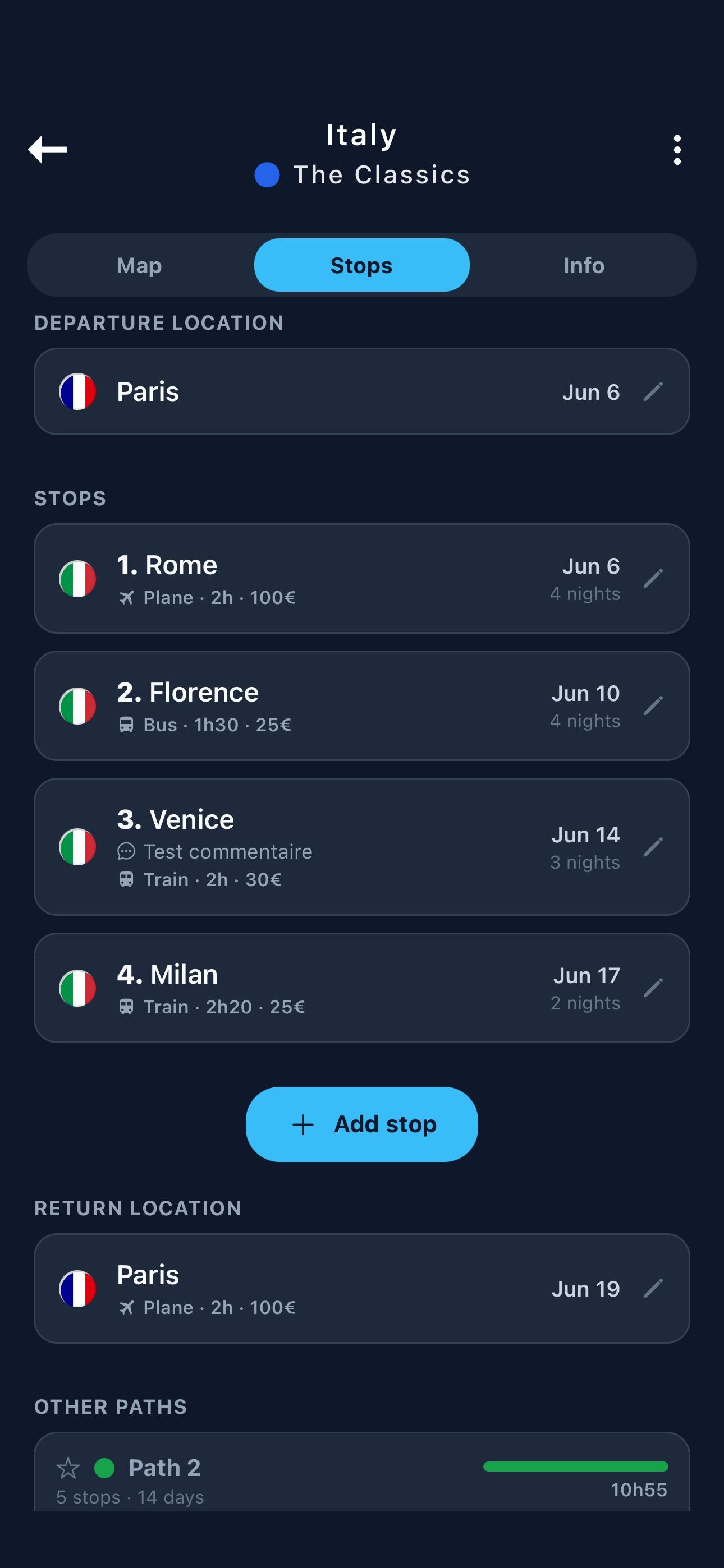 Trip Paths – managing stops on an itinerary